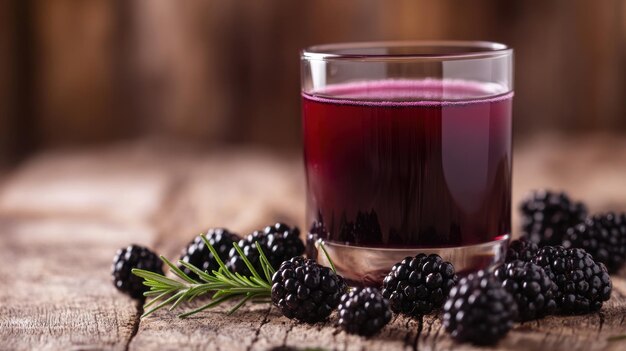 A glass of dark berry juice surrounded by fresh blackberries on a rustic wooden surface