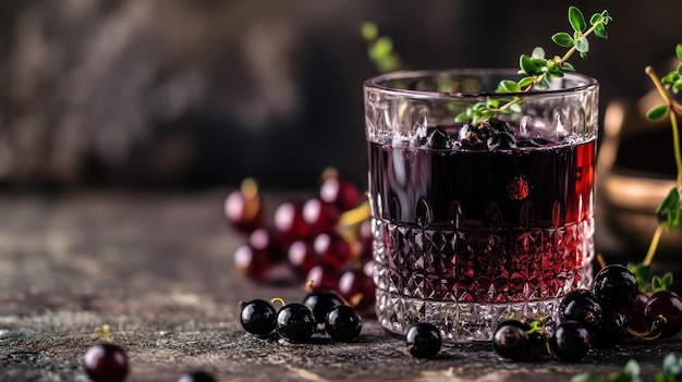 A glass of dark beverage garnished with herbs surrounded by grapes on a rustic surface