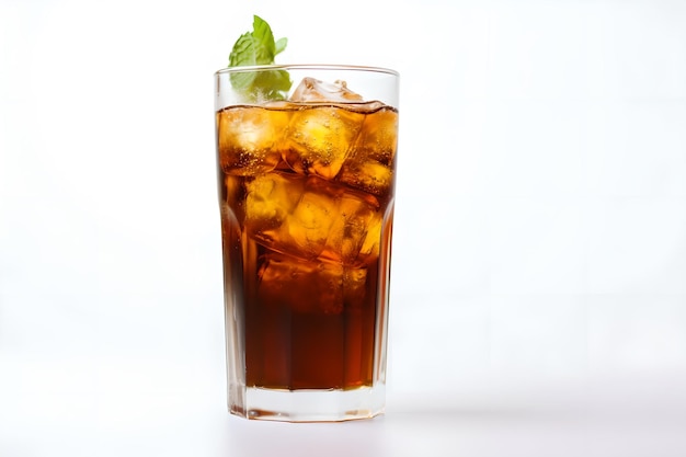 A glass of dark brown iced tea with ice cubes and a mint leaf.