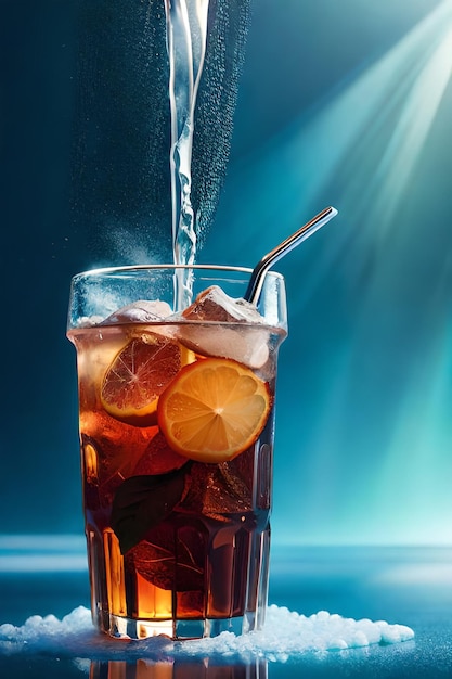 A glass of dark cocktail with a straw being poured into it.