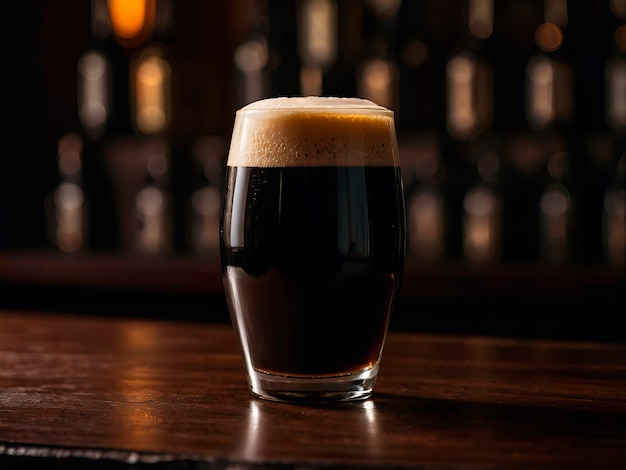 Photo a glass of dark stout with a creamy head served on a polished mahogany table