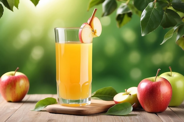 Glass of delicious apple juice on natural background