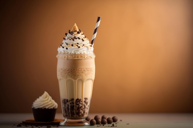 Glass delicious frappe with whipped cream and chocolate syrup Generative AI