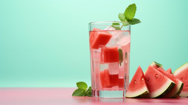 Glass of delicious watermelon drink with mint and cut fresh