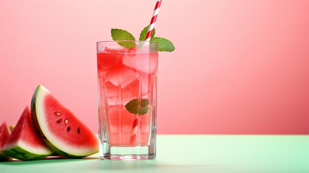 Glass of delicious watermelon drink with mint and cut fresh