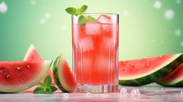 Glass of delicious watermelon drink with mint and cut fresh