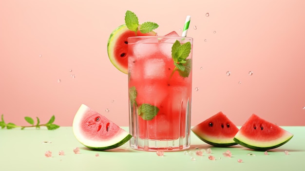 Glass of delicious watermelon drink with mint and cut fresh