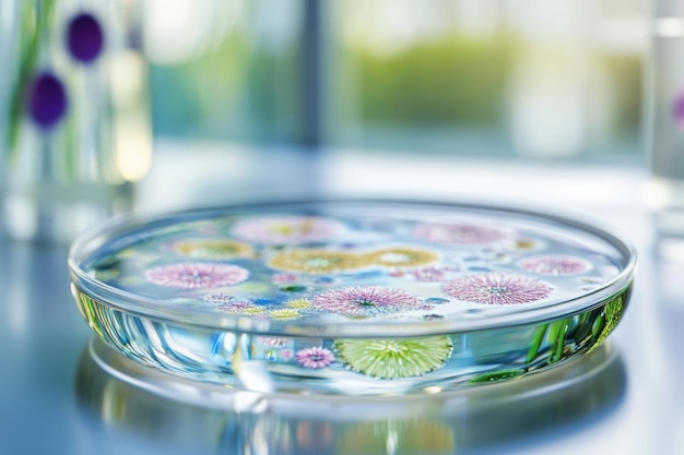 Photo a glass dish with water and suspended flowers