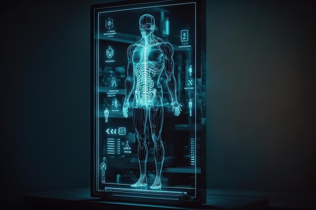 A glass display with a human skeleton inside.