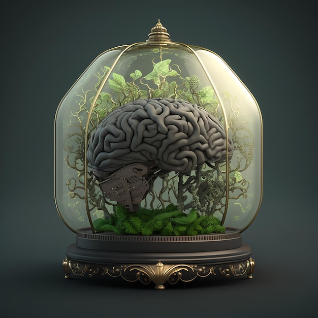 A glass dome with a brain inside of it.