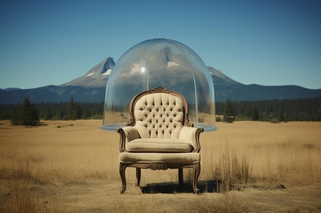 Photo a glass dome with a chair and a mountain in the background