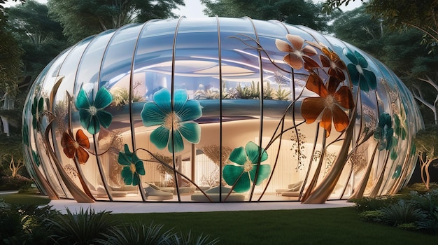 a glass dome with flowers inside and a flower in it