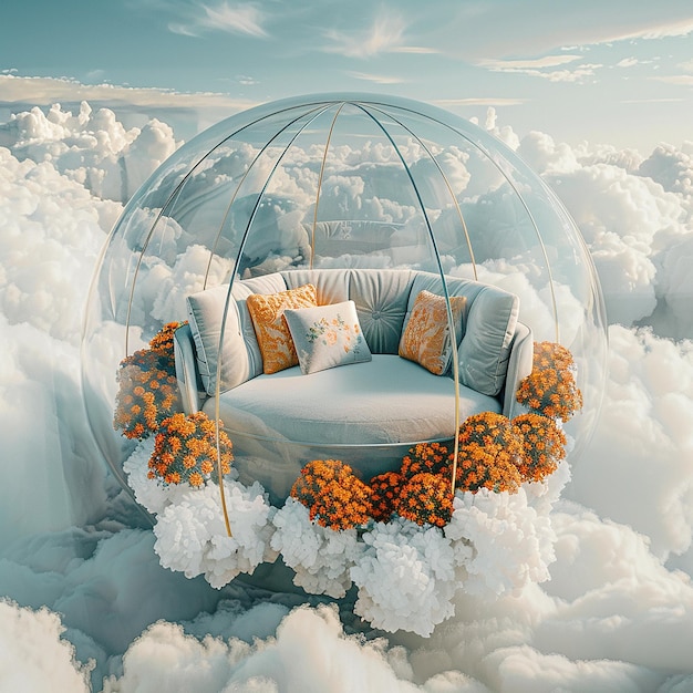 a glass dome with pillows and pillows on the bed