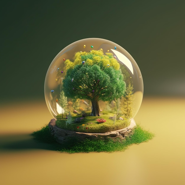 A glass dome with a tree inside of it