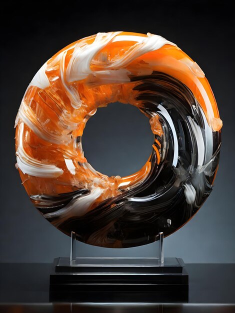 Glass donut sculpture with orange and black interlacing