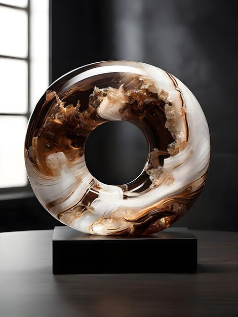 A glass donuts sculpture with an overlapping of brown and white colors