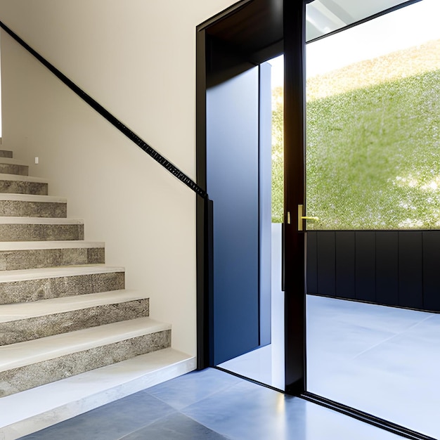 A glass door is open to a staircase that has a black and white tile floor.