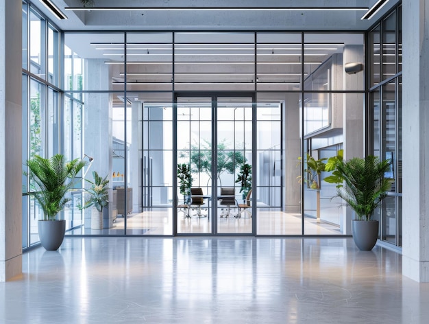 Glass doors and lush greenery adorn a modern office interior