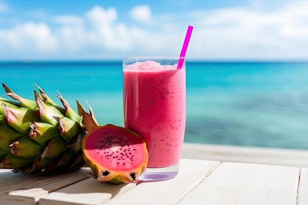 A glass of dragon fruit juice on a table with a beach background