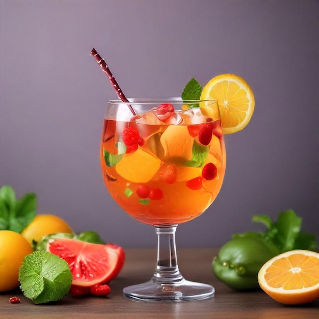 a glass of drink with different types of fruit and vegetables