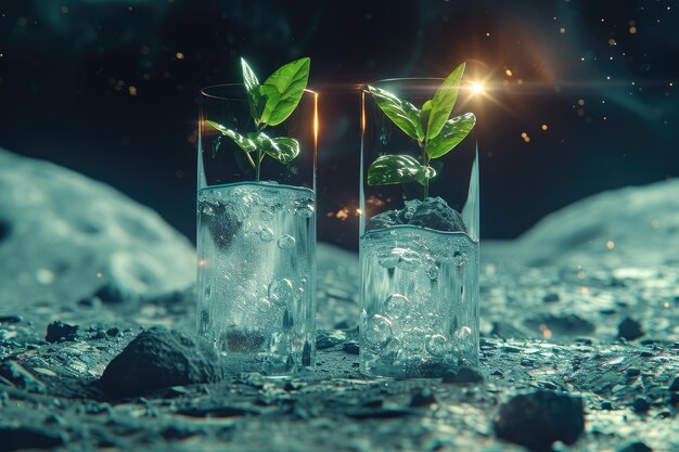 Glass drinkware with fluid world plants growing as part of natural landscape