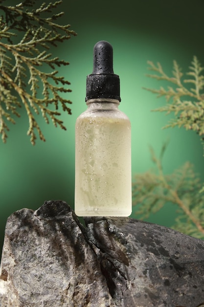 Glass dropper bottle with cosmetic serum on green background with thuja branches Skin care hydration and nutrition with collagen