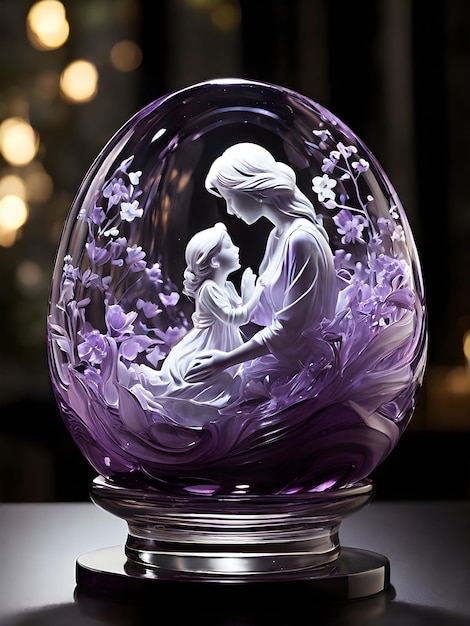 a glass egg with a woman and a child on it