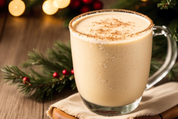 A glass of eggnog with a christmas tree in the background