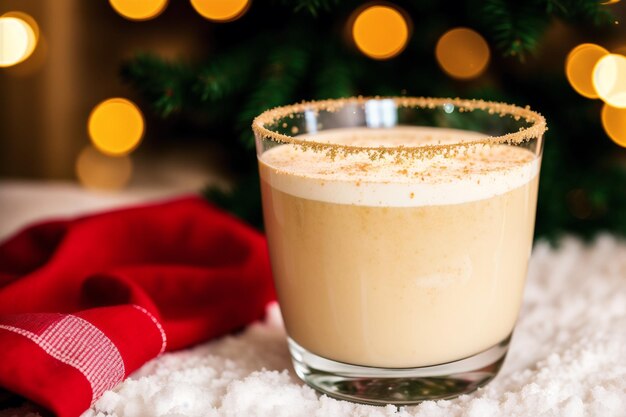 A glass of eggnog with a red blanket in front of a christmas tree