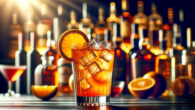 glass of an enticing alcoholic cocktail filled with ice and garnished with fresh orange slices