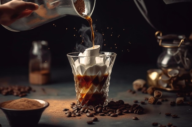 A glass of espresso coffee with a spoon pouring into it.