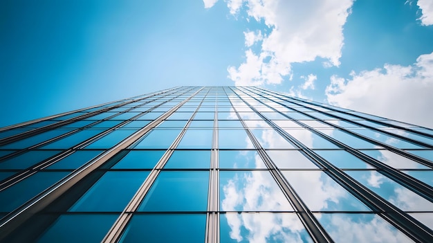 Glass Facade of a Skyscraper Reflecting Clouds and Sky