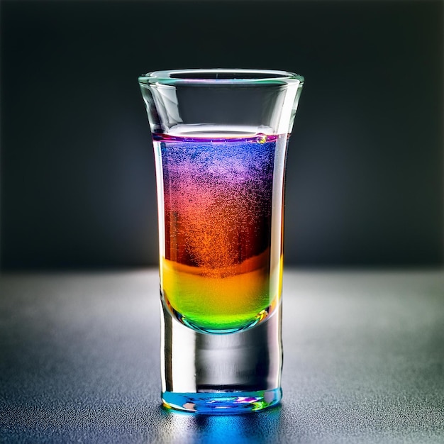 a glass filled with colored liquid is filled with colorful liquid