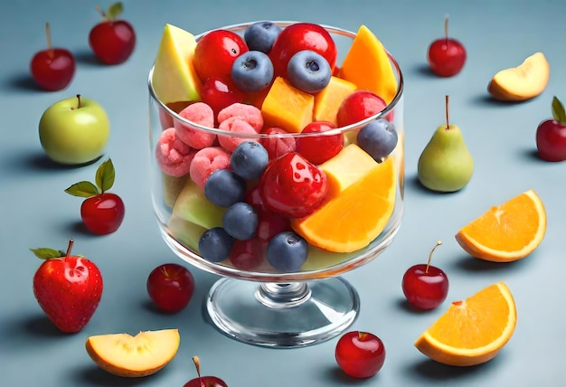 Photo a glass filled with different kinds of fruit and a fruit bowl