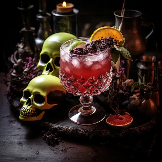 A glass filled with a drink next to skulls