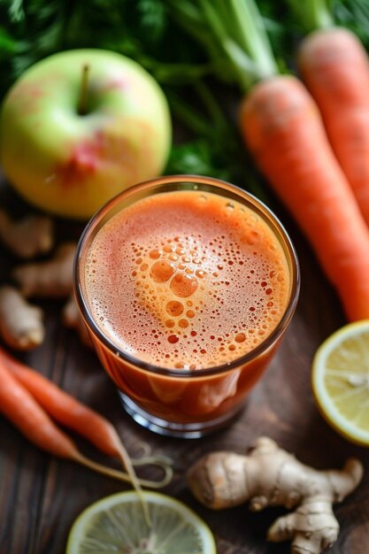 Photo a glass filled with homemade juice made from carrots fresh ginger lemon and apple