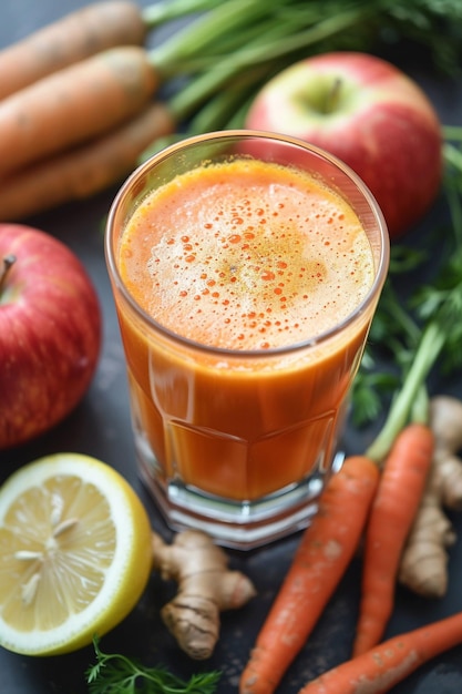 Photo a glass filled with homemade juice made from carrots fresh ginger lemon and apple