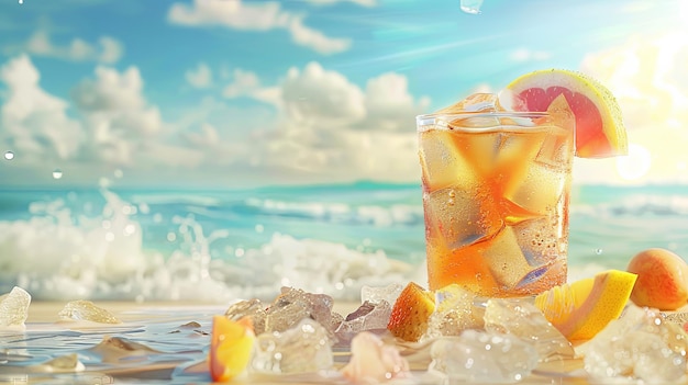 A glass filled with ice and a colorful assortment of fruits placed on a sandy beach under the sun