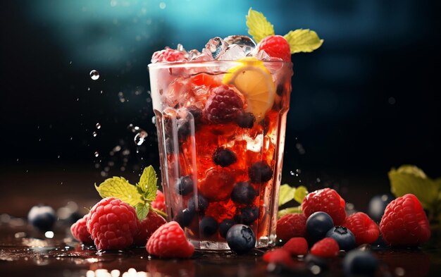 A glass filled with ice strawberries and blueberries AI