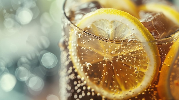 Photo a glass filled with lemons and oranges with bubbles