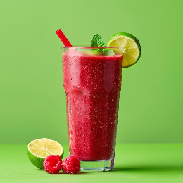 A glass filled with raspberry lemonade and topped with a fresh lime slice ready to be enjoyed on a hot day