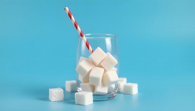 Photo glass filled with sugar cubes and a straw on blue background isolated with white highlights