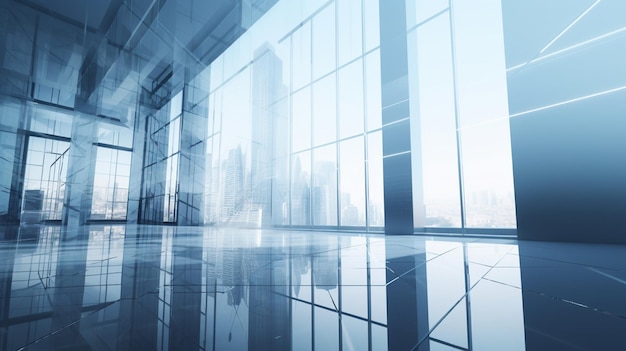 A glass floor in a building with a cityscape in the background.