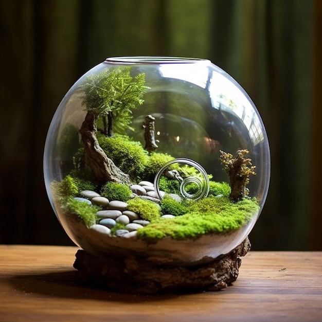 Glass florarium with green moss and stones on wooden table