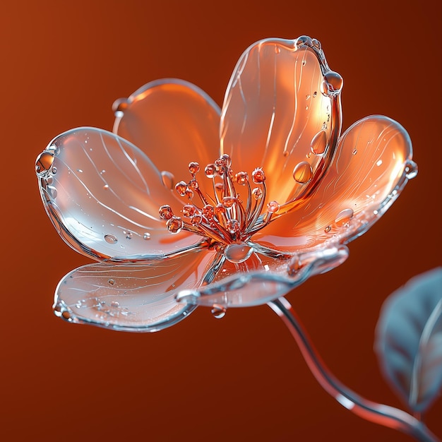 Glass flower with water droplets on a vivid orange background