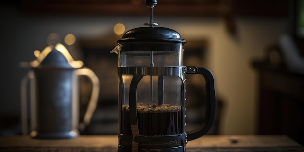 A glass french press coffee pot sits on a counter with a mug of coffee in the background.