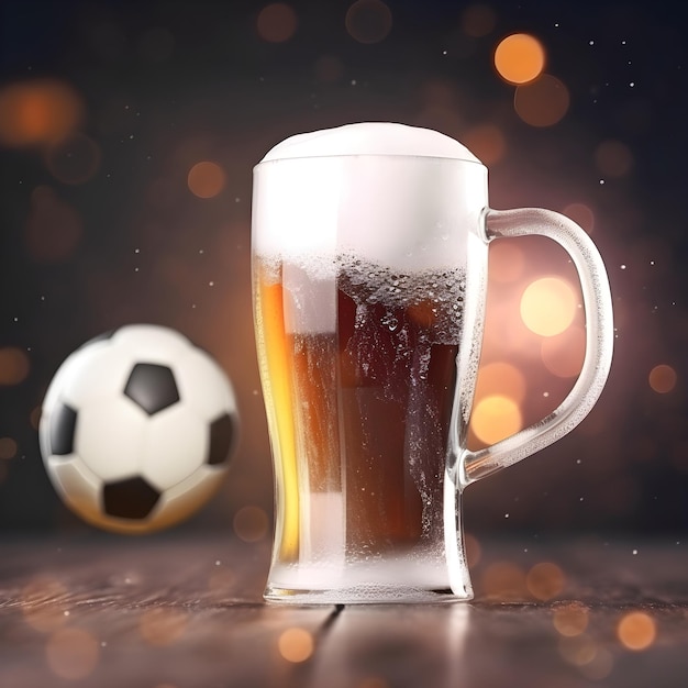 A glass of fresh beer with a soccer ball in the background