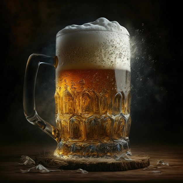 Glass of fresh and cold beer on dark background generative ai