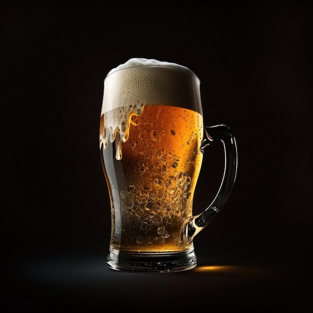 Glass of fresh and cold beer on dark background generative ai