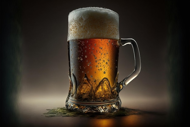 Glass of fresh and cold beer on dark background generative ai